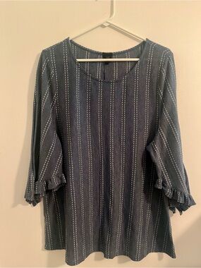 W5 Navy Stripe Ruffle Sleeve Top